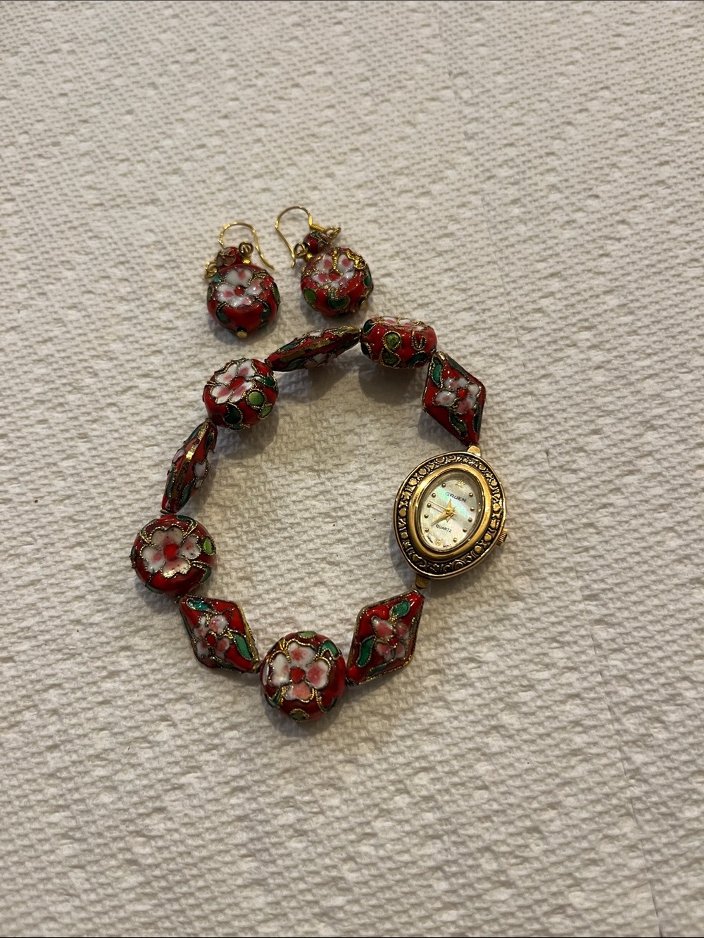 GRUEN Vintage gold Red Floral Cloisonné Bracelet Watch with Matching Earrings